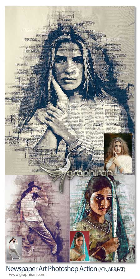 اکشن افکت نقاشی با نوشته های روزنامه Newspaper Art Photoshop Action