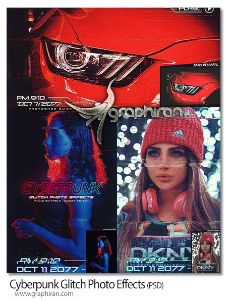 طرح لایه باز افکت عکس نویز سایبری Cyberpunk Glitch Photo Effects