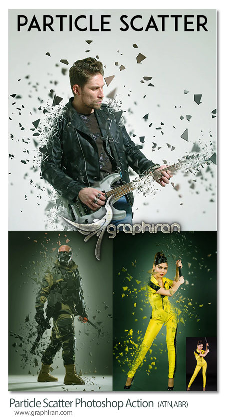 اکشن فتوشاپ تکه تکه شدن سوژه عکس Particle Scatter Photoshop Action