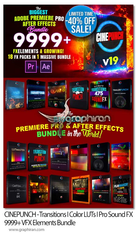 دانلود پکیج عظیم CINEPUNCH - Transitions I Color LUTs I Pro Sound FX I 9999+ VFX Elements Bundle