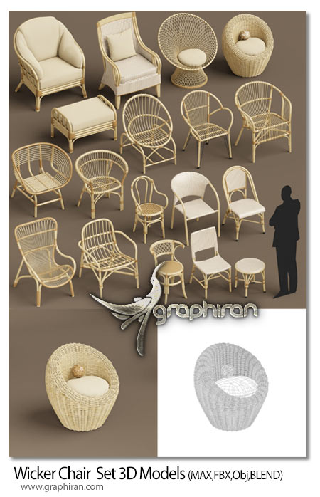 دانلود مجموعه مدل های سه بعدی صندلی و مبل حصیری Wicker Chair Set A 3D Model