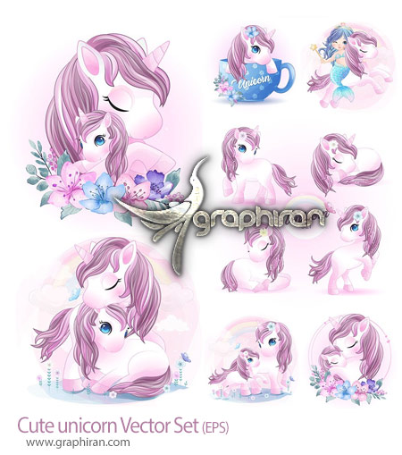 دانلود تصاویر وکتور یونیکورن و اسب تک شاخ کارتونی Cute Unicorn Vectors