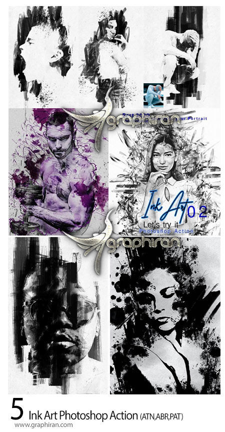 دانلود 5 اکشن فتوشاپ گرافیکی طرح جوهر Ink Art Photoshop Action Bundle