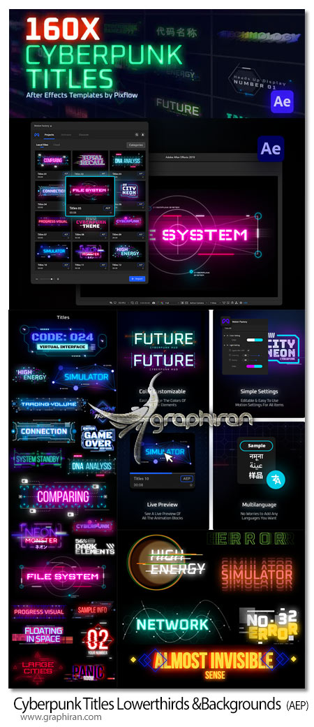 دانلود پک بک گراند و تاتیل های سایبرپانک برای افترافکت Cyberpunk Titles Lowerthirds & Backgrounds