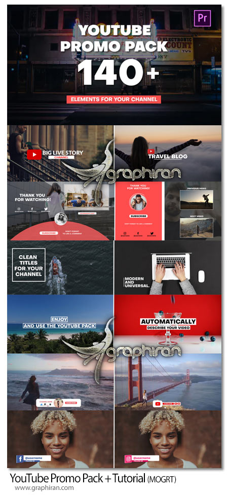 دانلود پک 140 المان گرافیکی یوتیوب برای پریمیر YouTube Promo Pack