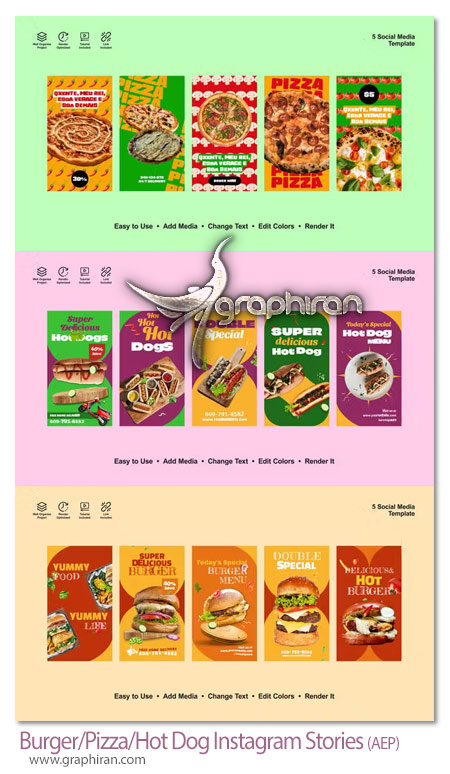 پروژه افترافکت استوری پیتزا، برگر و هات داگ Burger/Pizza/Hot Dog Instagram Stories