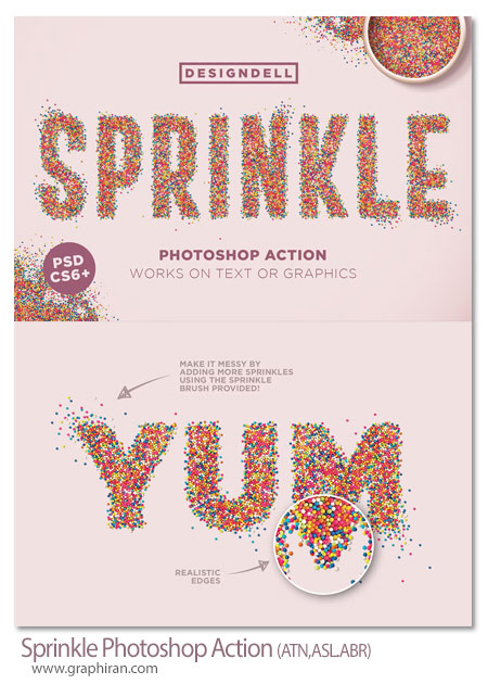اکشن فتوشاپ ایجاد ذرات رنگارنگ روی متن و شکل Sprinkle Photoshop Action