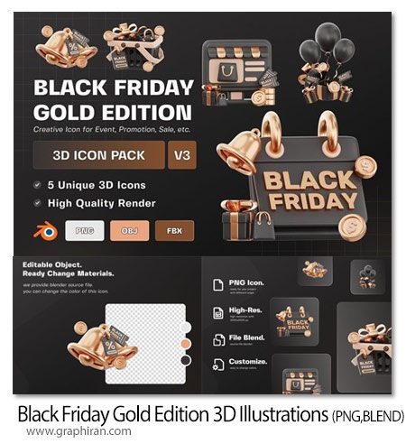 دانلود آیکون های سه بعدی بلک فرایدی Black Friday Gold Edition 3D Illustration Pack V3