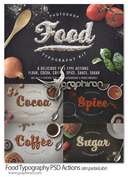 کیت اکشن فتوشاپ افکت تایپوگرافی مواد غذایی Food Typography PSD Actions