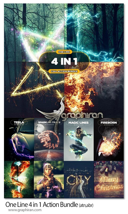 دانلود باندل اکشن فتوشاپ افکت های نور و آتش One Line 4 in 1 Action Bundle