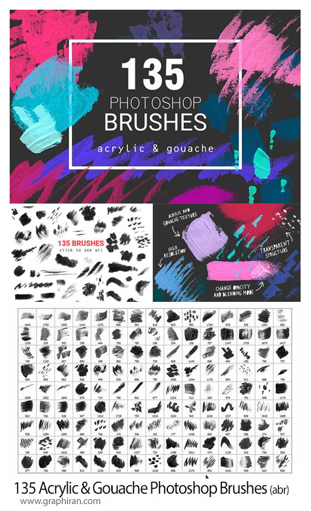 دانلود 135 براش فتوشاپ اکرلیک و گواش Acrylic & Gouache Photoshop Brushes