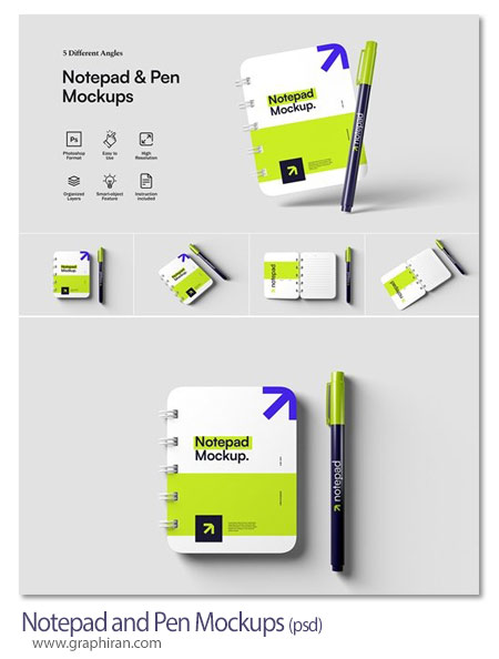 دانلود 5 موکاپ دفترچه و خودکار Notepad and Pen Mockups