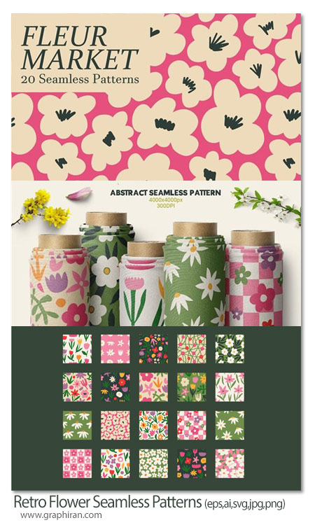 دانلود 20 پترن وکتور گل های قدیمی Retro Flower Seamless Patterns