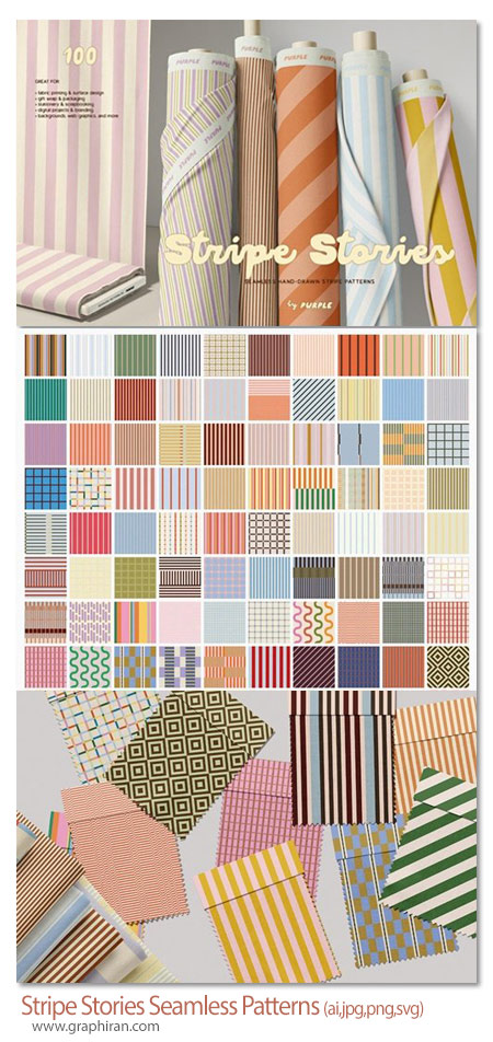 دانلود 100 پترن وکتور پارچه های قدیمی Stripe Stories Seamless Patterns