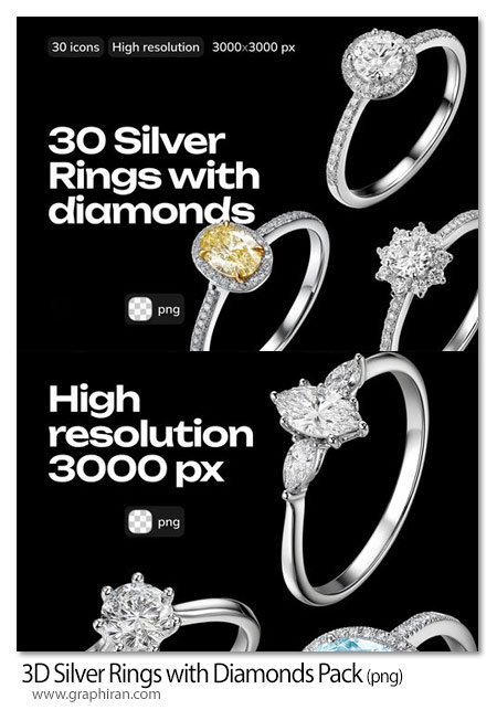 دانلود 30 عکس PNG حلقه نقره ای با الماس 3D Silver Rings with Diamonds Pack