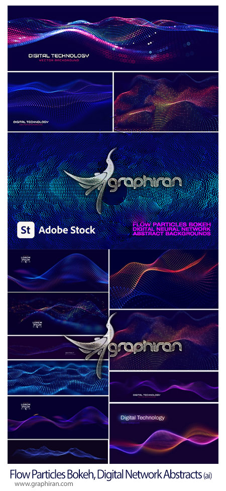 دانلود تصاویر وکتور الگوهای ذره ای موج دار و بوکه Flow Particles Bokeh Digital Neural Network Abstracts