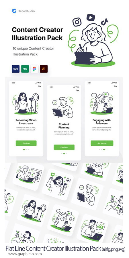 طرح های وکتور تصویر سازی با موضوع تولید محتوا Flat Line Content Creator Illustration Pack