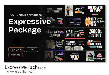 پروژه افترافکت پک 100 المان تایتل، هشتگ، تایپوگرافی Expressive Pack