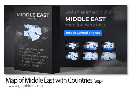 پروژه افترافکت نقشه خاورمیانه با کشورها Map of Middle East with Countries - Middle East Map Kit