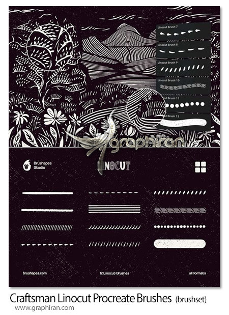 براش پروکریت ضربههای حکاکی Craftsman Linocut Procreate Brushes