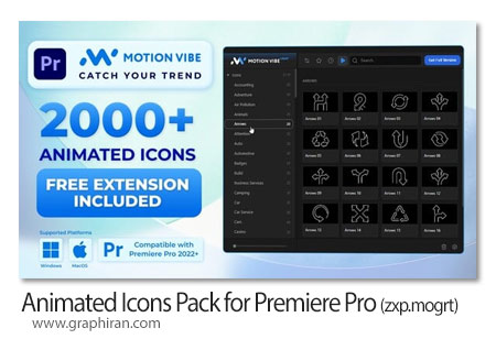 پروژه پریمیر 2000+ آیکون متحرک Animated Icons Pack Free Extension for Premiere Pro Included