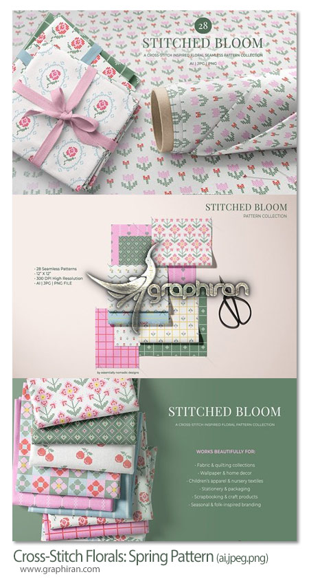 وکتور پترن های بهاری گلدوزی Cross-Stitch Florals Spring Pattern
