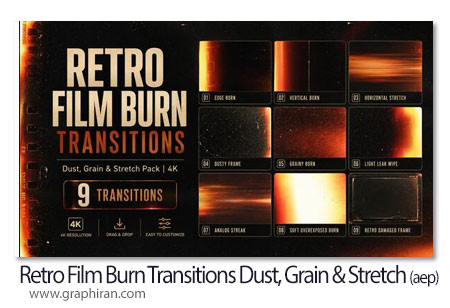 پروژه افترافکت ترانزیشن های سوختن فیلم قیمی و غبار Retro Film Burn Transitions Dust, Grain & Stretch Pack